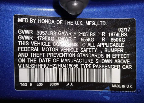 2017 Honda Civic Lx from USA, damaged, VIN SHHFK7H22HU418056